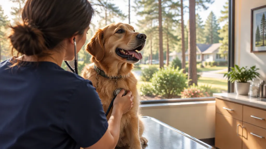 A veterinarian examining a happy dog on an exam table in St. Andrews, SC