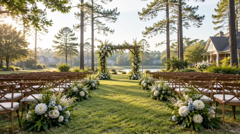 A wedding ceremony aisle with flowers in St. Andrews, SC