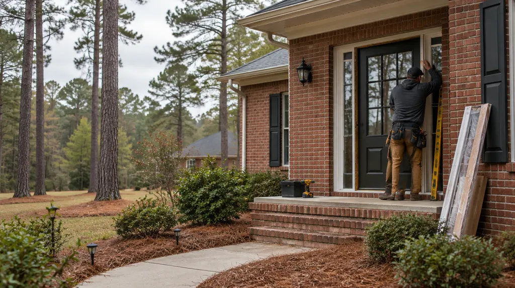 An installer hanging a new front entry door in St. Andrews, SC