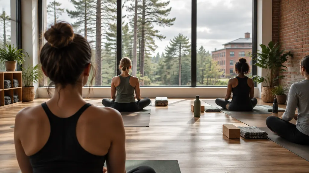 A sunlit yoga studio with mats laid out in St. Andrews, SC