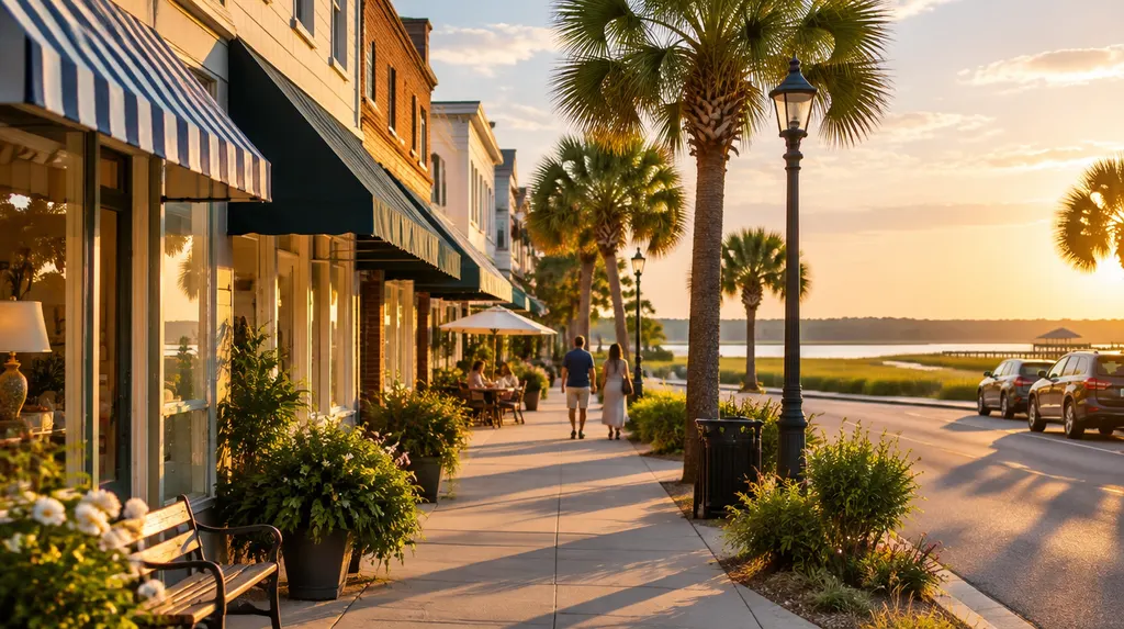 Local businesses along a street in Summerville, South Carolina