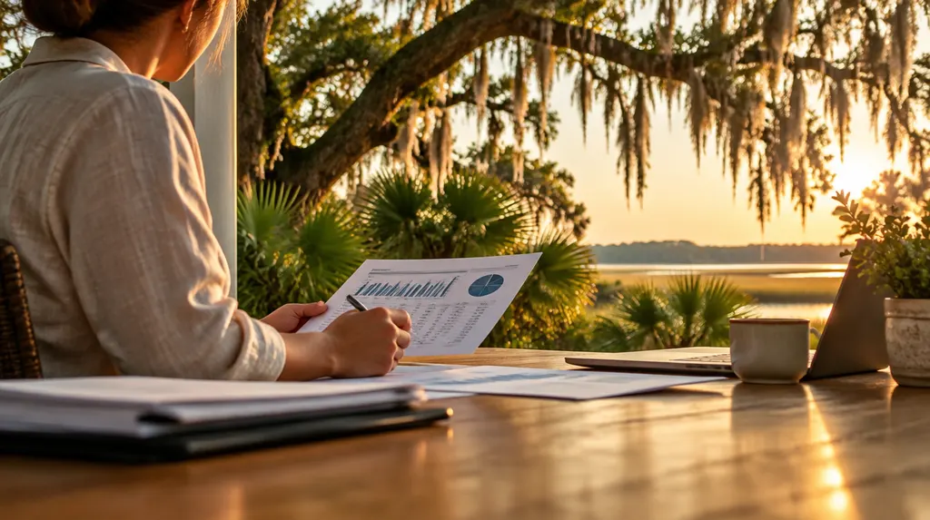 An accountant reviewing financial reports at a desk in Summerville, SC