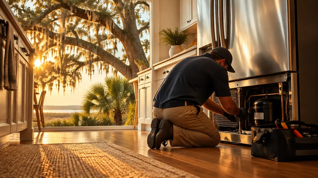 A technician repairing a refrigerator in a kitchen in Summerville, SC