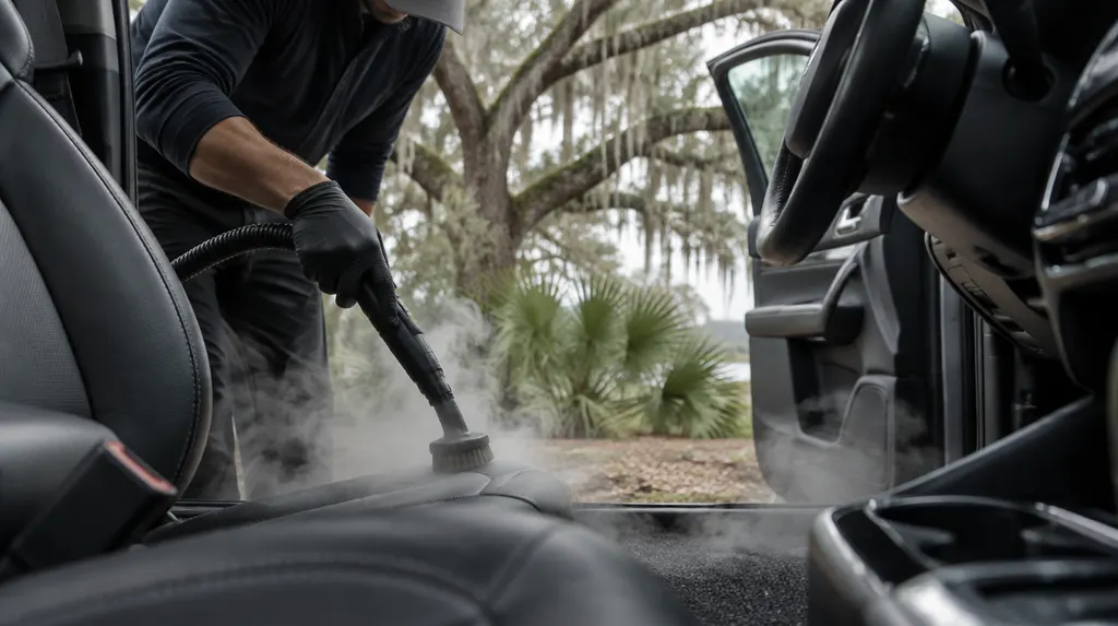 A detailer cleaning a car interior with a steam tool in Summerville, SC