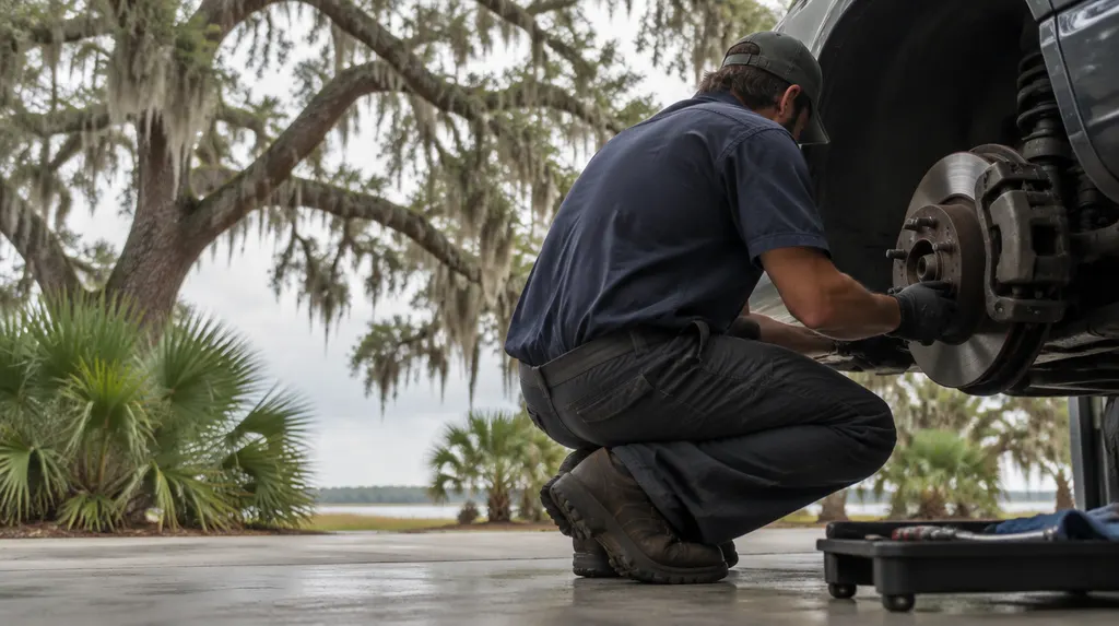 A mechanic checking brakes on a wheel in Summerville, SC