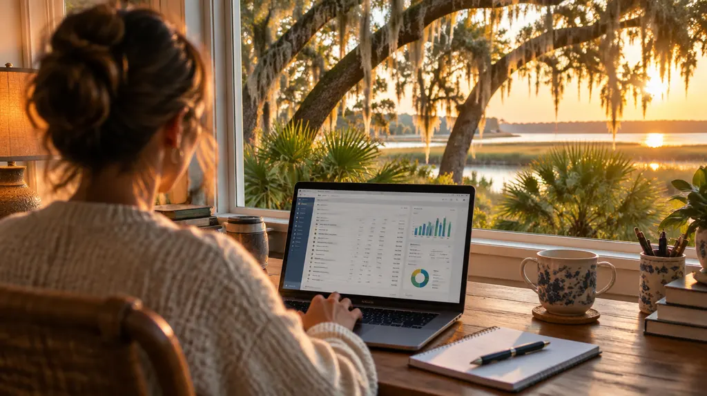 A bookkeeper working on financial software in a home office in Summerville, SC
