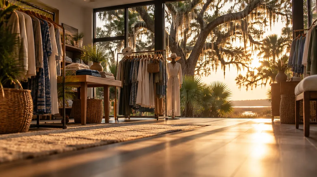 A stylish boutique interior with clothing racks in Summerville, SC