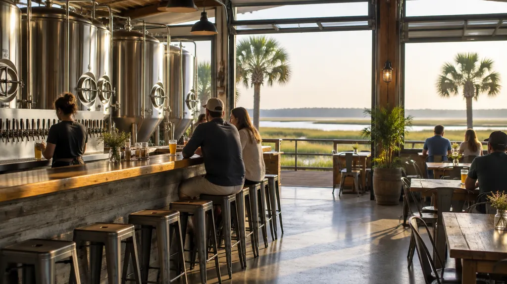 A craft brewery taproom with tanks and a bar in Summerville, SC