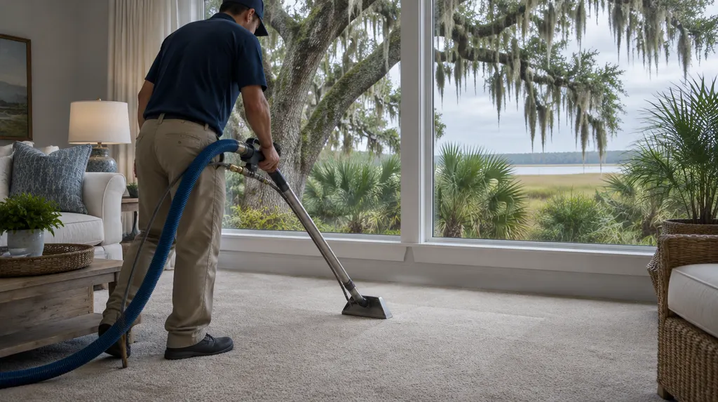 A technician cleaning a carpet with a wand in Summerville, SC