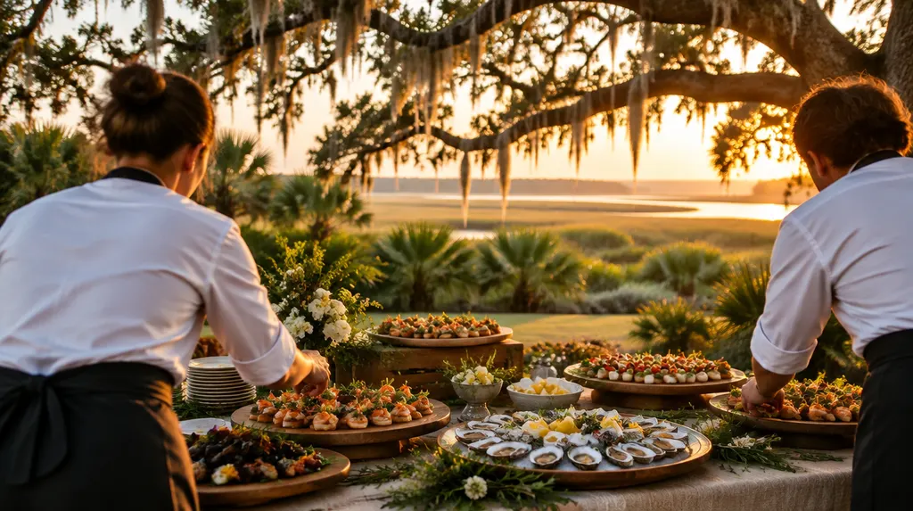 Caterers arranging platters on a table in Summerville, SC