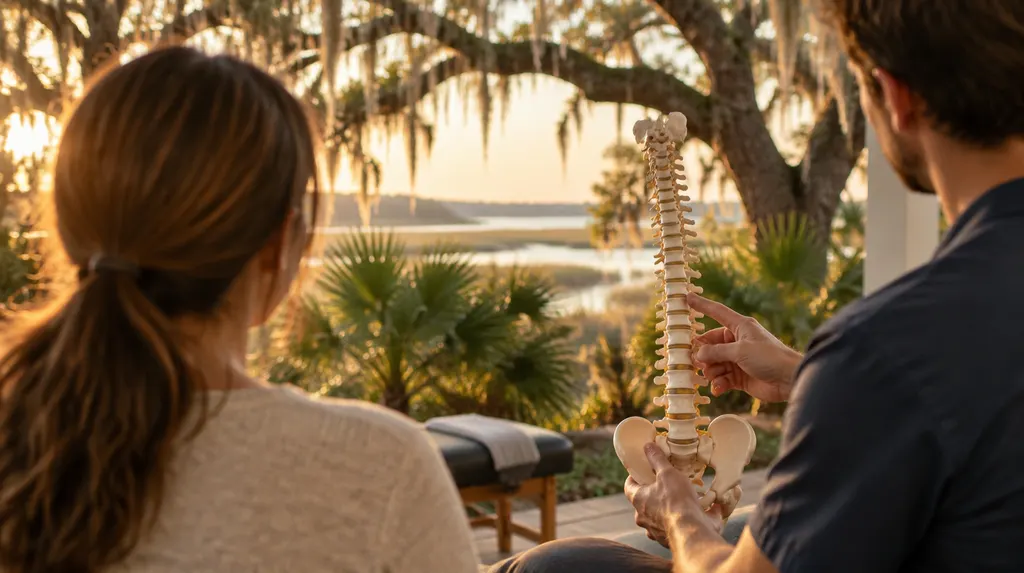 A chiropractor discussing a spine model in Summerville, SC
