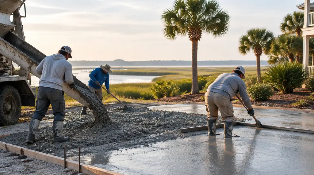 A crew pouring and screeding a new concrete driveway in Summerville, SC