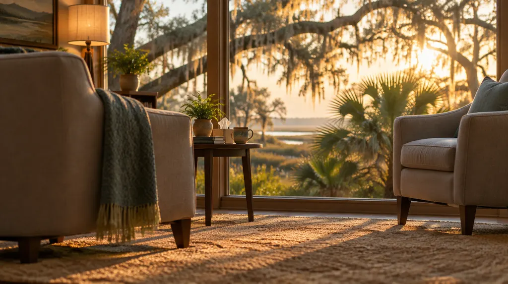 A calm, softly lit counseling room with two armchairs in Summerville, SC
