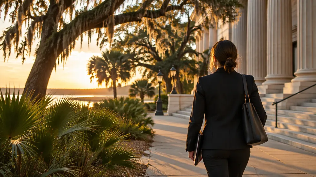 An attorney walking outside a courthouse-style building in Summerville, SC