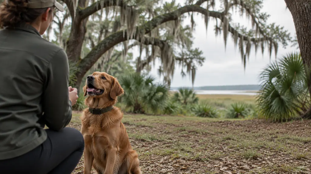 A happy dog sitting during a training session in Summerville, SC