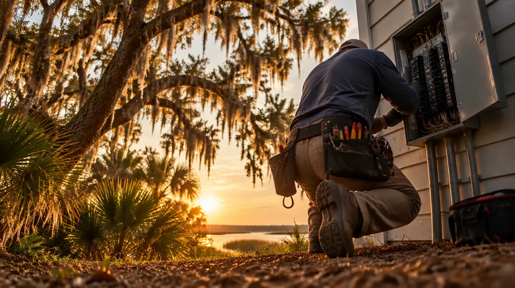 An electrician working on an open breaker panel in Summerville, SC