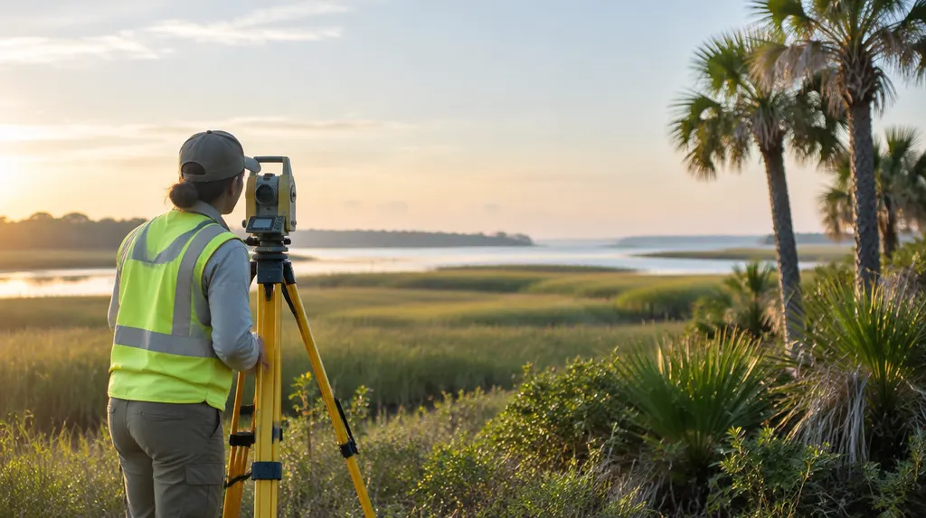 A surveyor with a tripod instrument in a field in Summerville, SC