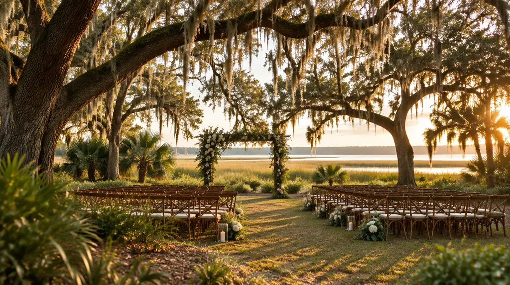 An outdoor ceremony setup under oak trees in Summerville, SC
