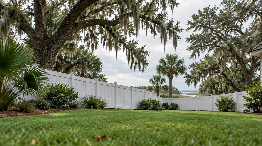 A white vinyl fence around a green backyard in Summerville, SC