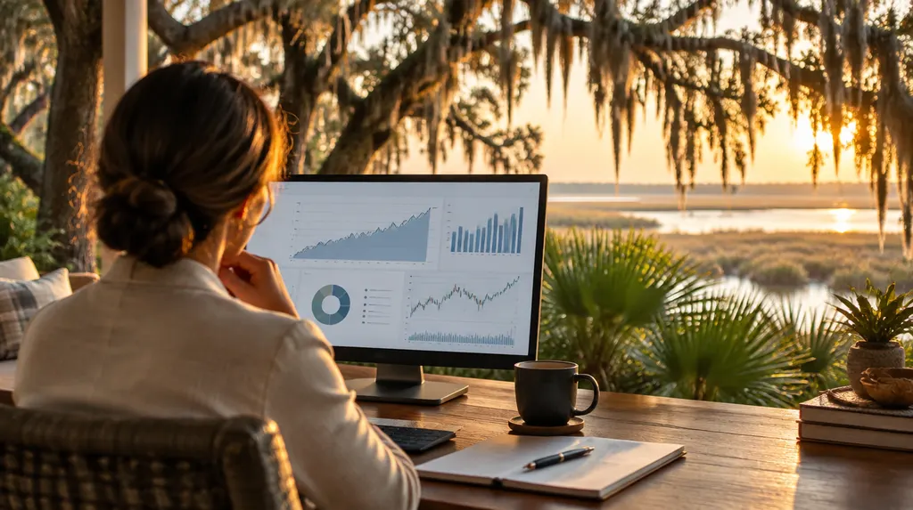 An advisor reviewing charts on a monitor in Summerville, SC
