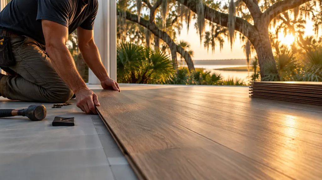 An installer laying luxury vinyl plank flooring in Summerville, SC