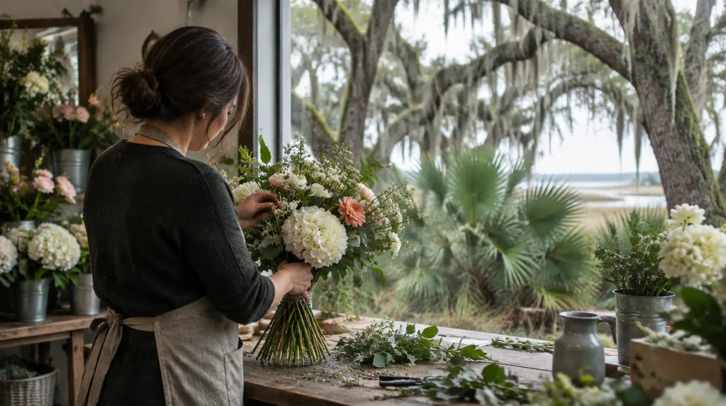 A florist arranging a bouquet in a flower shop in Summerville, SC