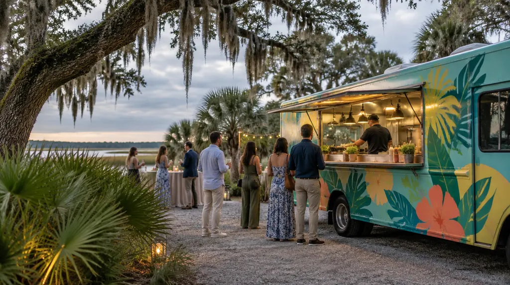 A colorful food truck serving at an evening event in Summerville, SC