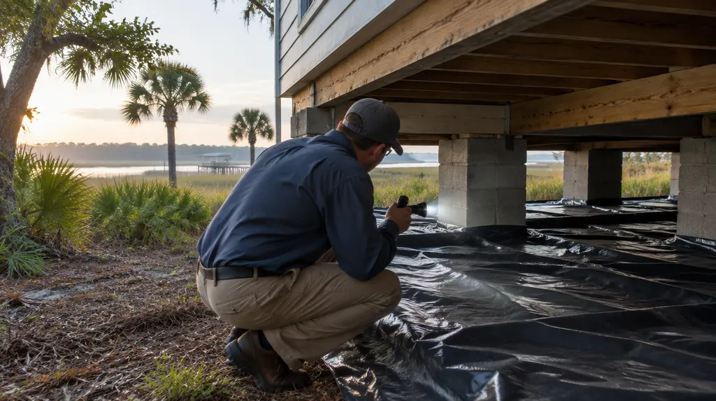 A technician inspecting a crawl space with a vapor barrier in Summerville, SC