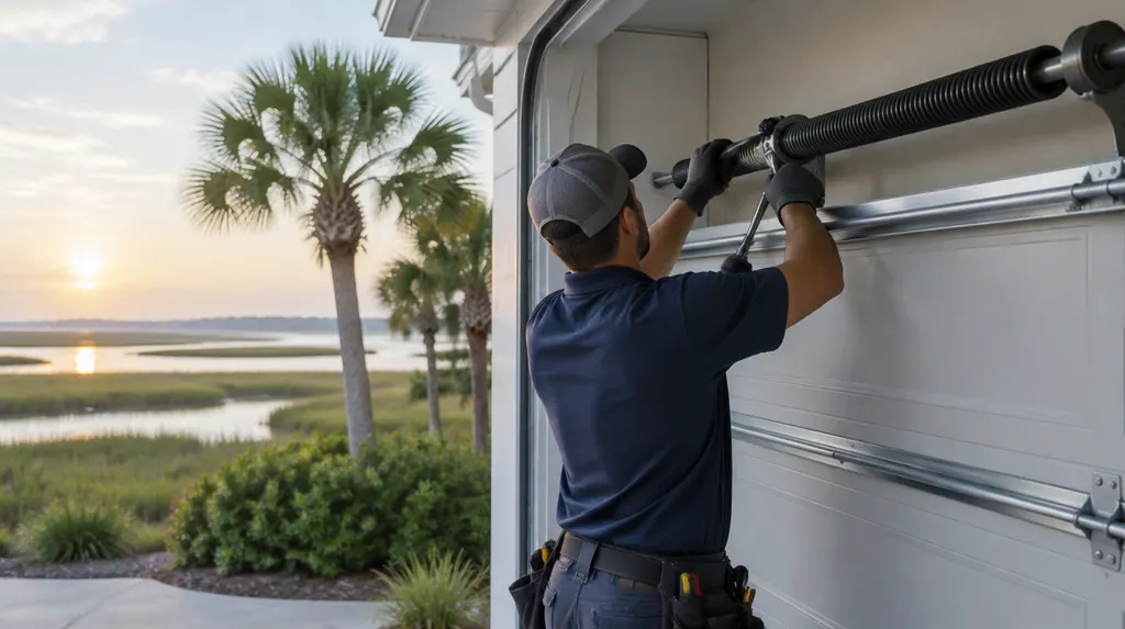 A technician replacing a torsion spring above a garage door in Summerville, SC