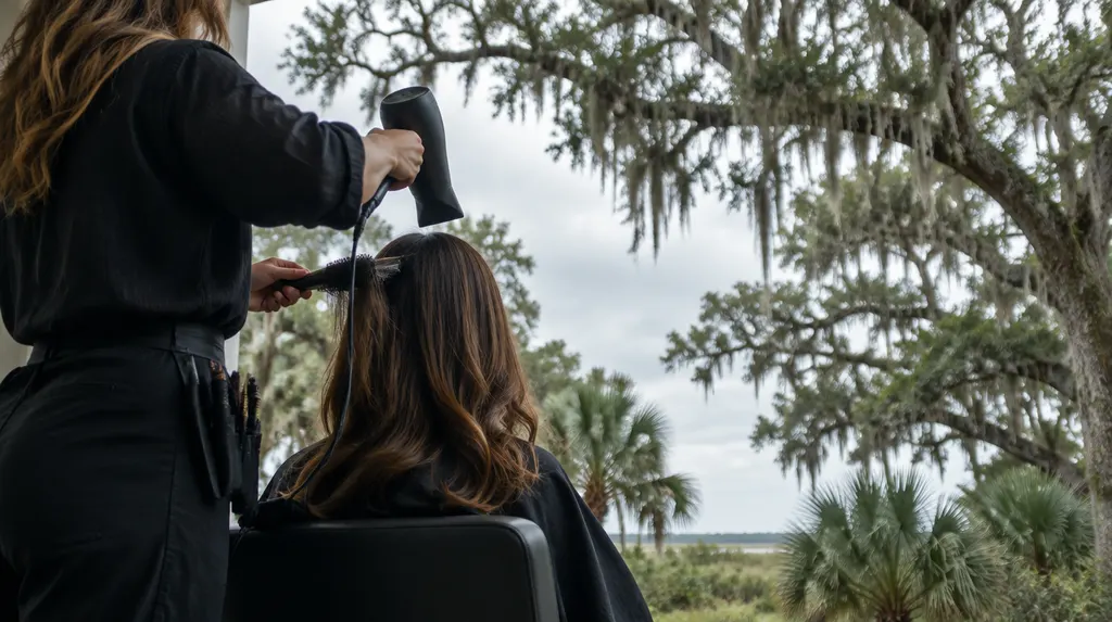 A stylist blow-drying a client’s hair in Summerville, SC