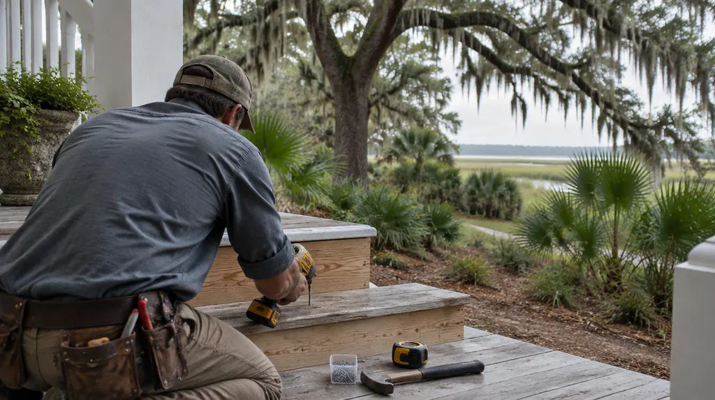 A handyman repairing a wooden porch step in Summerville, SC