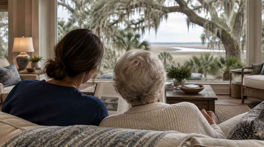 A warm living room with a caregiver and a senior reading together in Summerville, SC