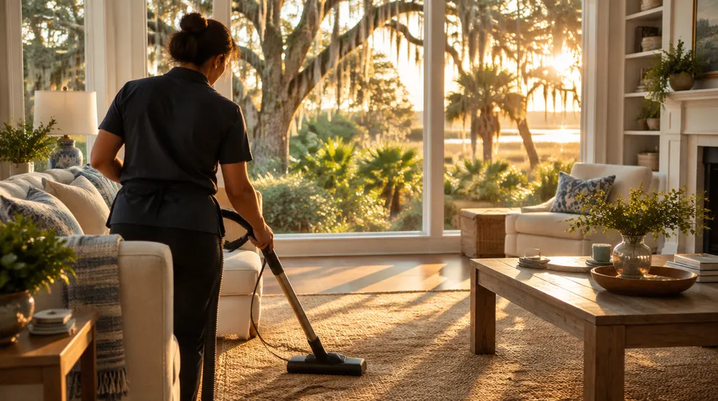 A cleaner vacuuming a sunny living room in Summerville, SC