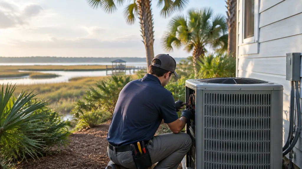 An HVAC technician servicing an outdoor condenser beside a house in Summerville, SC