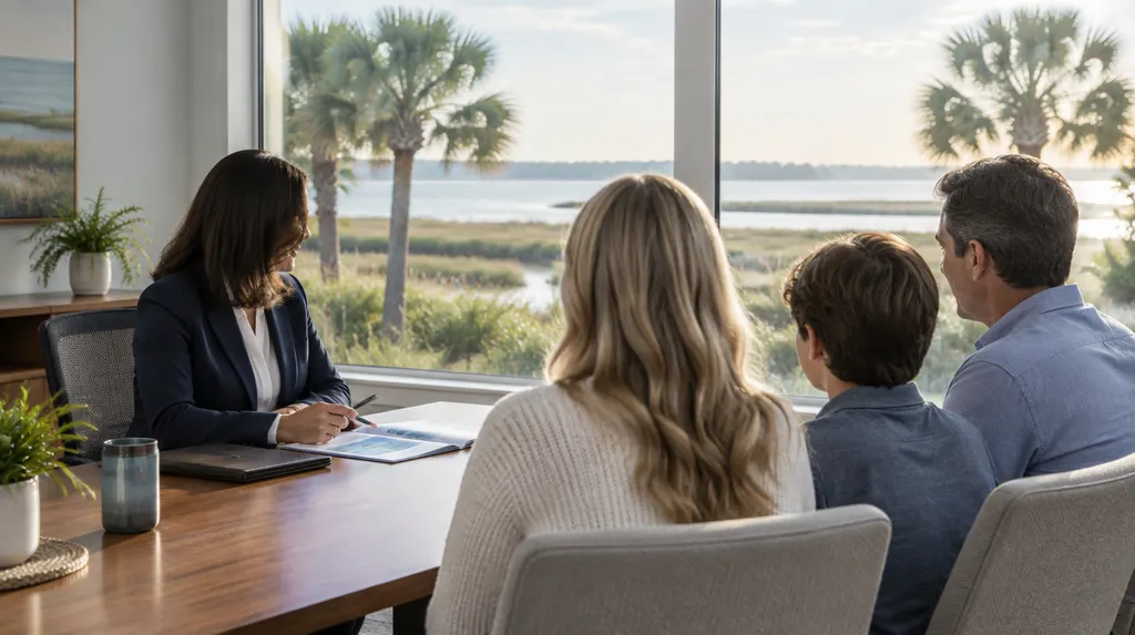 An insurance agent meeting a family in an office in Summerville, SC