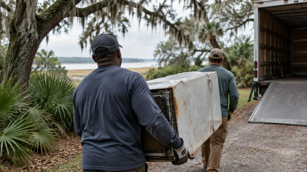 Workers carrying an old appliance to a truck in Summerville, SC
