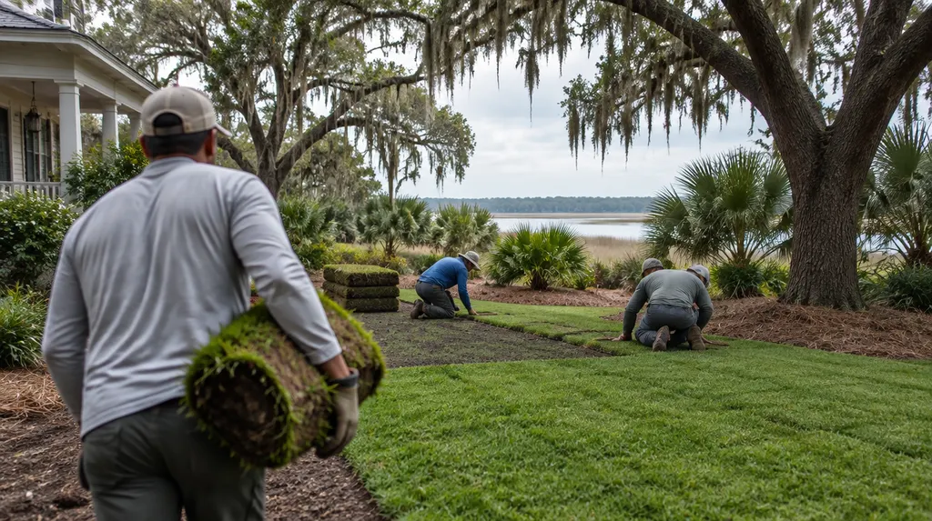 A crew laying fresh sod in a front yard in Summerville, SC