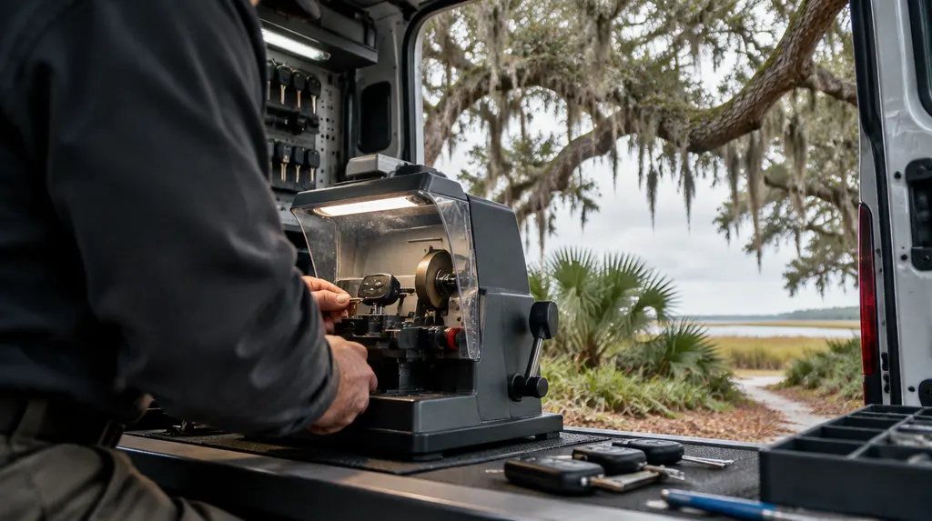 A locksmith cutting a new car key at a key machine in a work van in Summerville, SC