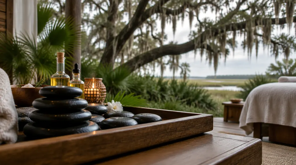 Warm stones and oils on a wooden tray in a spa in Summerville, SC