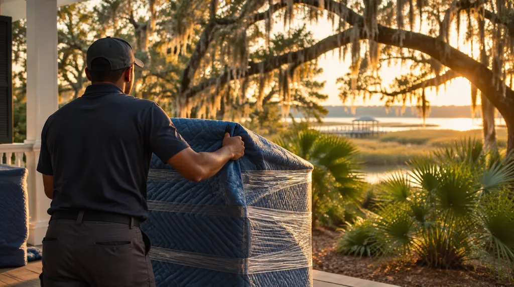 A mover wrapping furniture in moving blankets in Summerville, SC