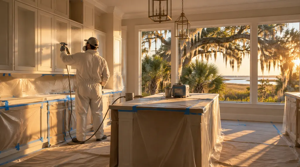 A painter spraying kitchen cabinets in a prepped room in Summerville, SC