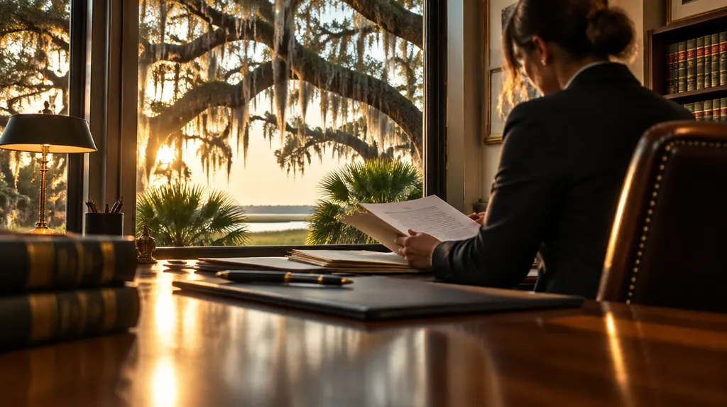 A lawyer reviewing a case file in a law office in Summerville, SC