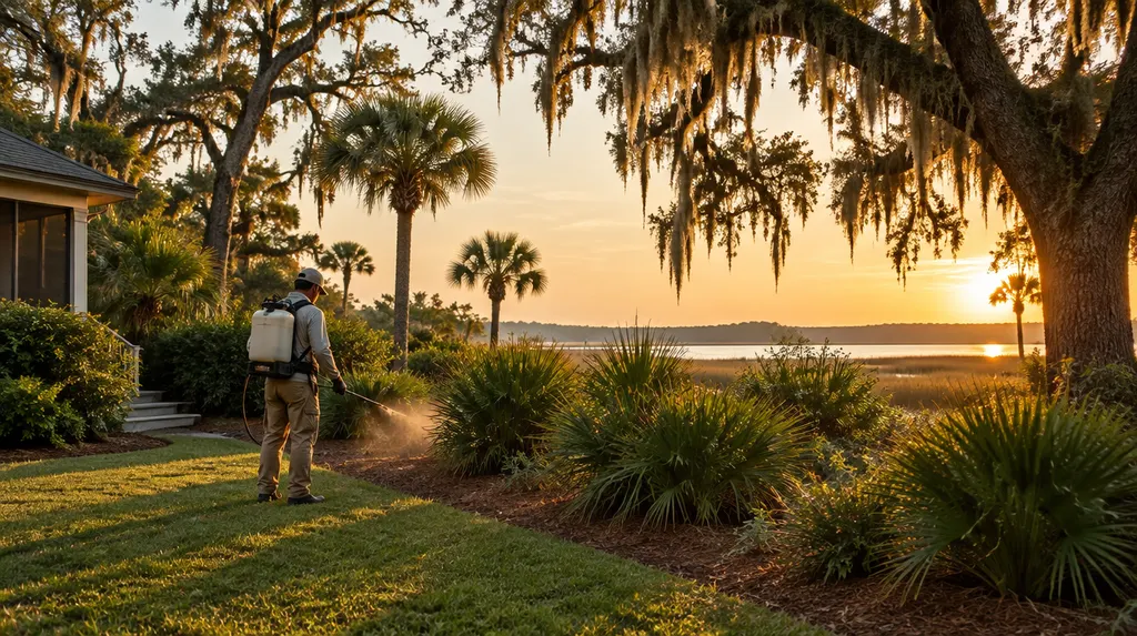 A technician treating a backyard for mosquitoes in Summerville, SC