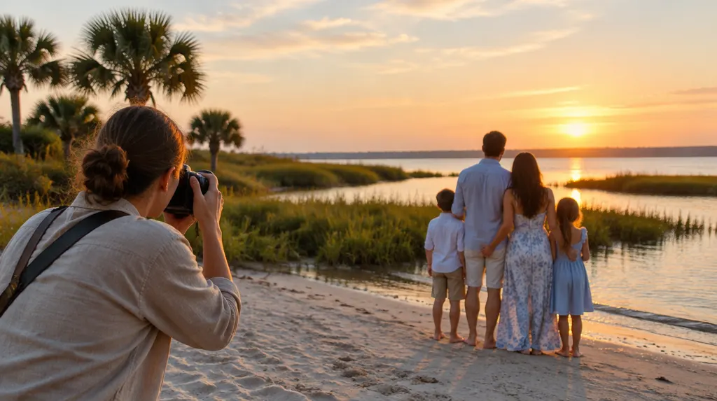 A photographer shooting a family on a beach at sunset in Summerville, SC