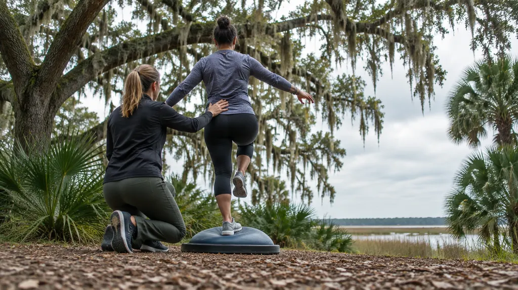 A therapist guiding a patient on a balance exercise in Summerville, SC