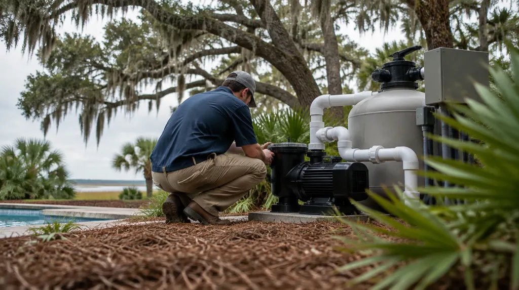 A technician checking pool equipment and a pump in Summerville, SC