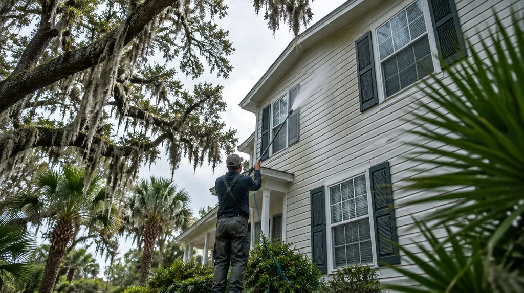 Soft washing the vinyl siding of a two-story house in Summerville, SC