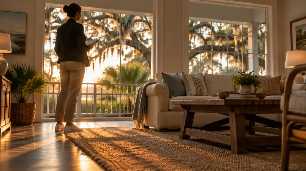 A property manager inspecting a rental living room in Summerville, SC
