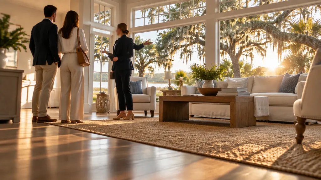 A real estate agent showing a bright living room in Summerville, SC