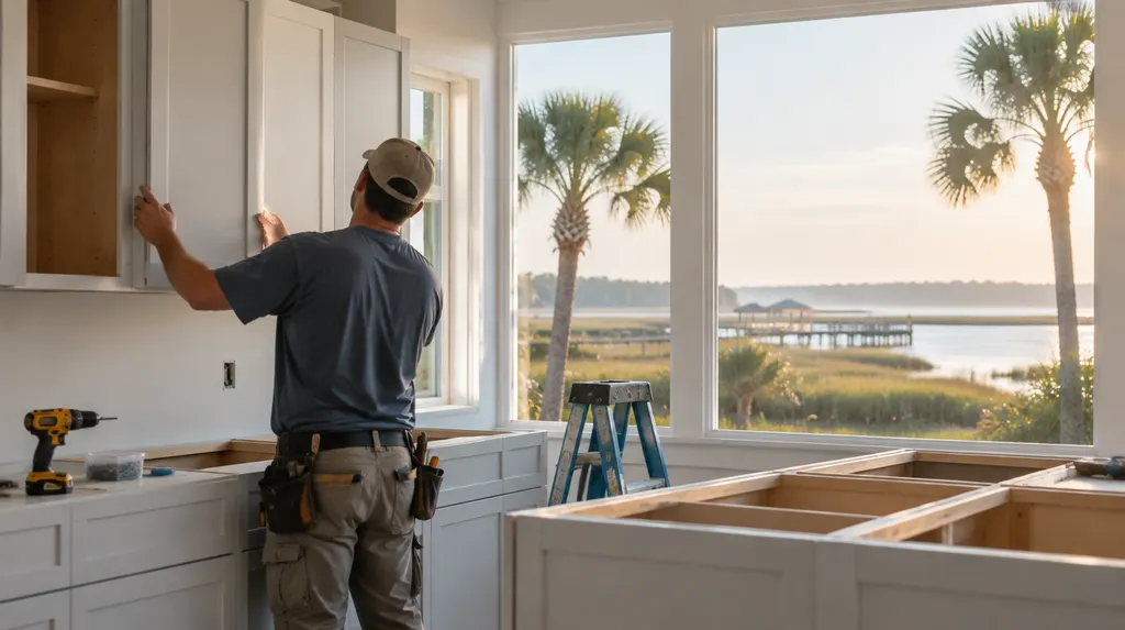 A remodeler installing new kitchen cabinets in Summerville, SC